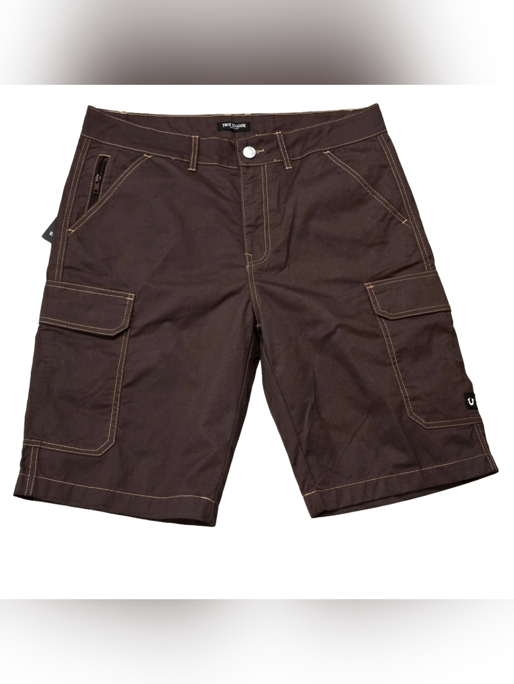 True Religion Cargo Shorts 34 Bracken Brown White Contrast Stitch Y2K Streetwear - Picture 2 of 9